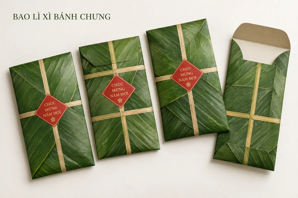 Mặt trước và nắp mở của bao lì xì họa tiết bánh chưng