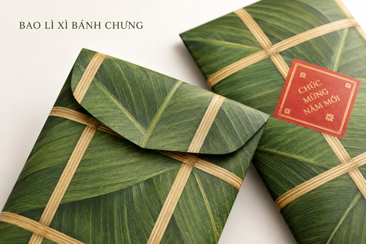 Chi tiết nắp gấp và bề mặt giấy của bao lì xì họa tiết bánh chưng