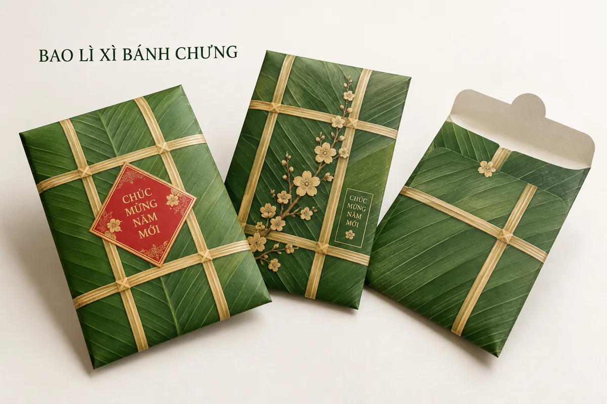 Bố cục minh họa bao lì xì họa tiết bánh chưng trên nền trắng