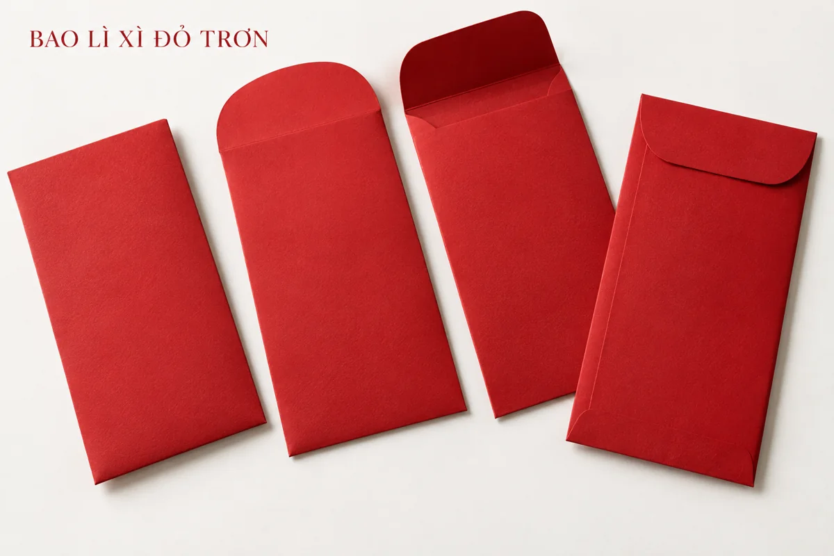 Mặt trước và nắp mở của bao lì xì đỏ trơn