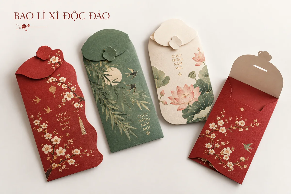 Mặt trước và nắp mở của bao lì xì có nắp bế tạo hình
