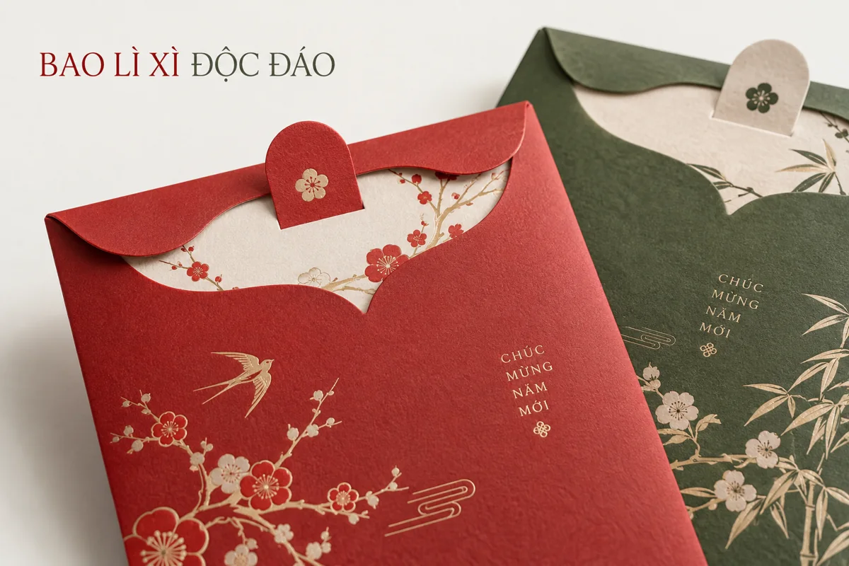 Chi tiết nắp gấp và bề mặt giấy của bao lì xì có nắp bế tạo hình