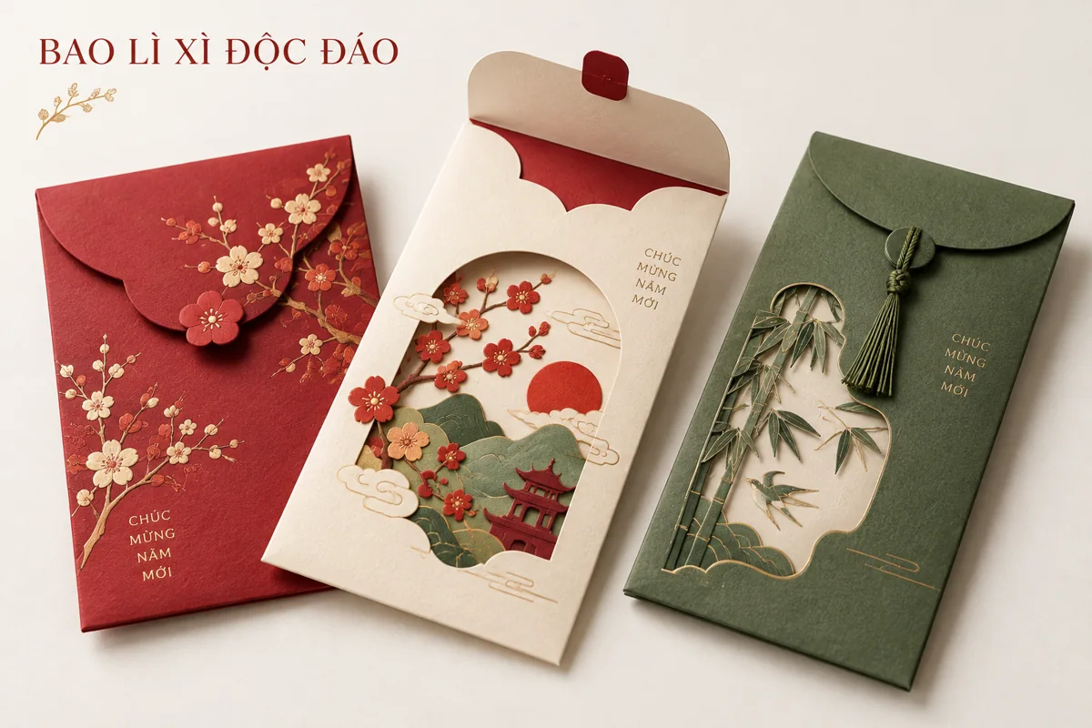 Bố cục minh họa bao lì xì có nắp bế tạo hình trên nền trắng