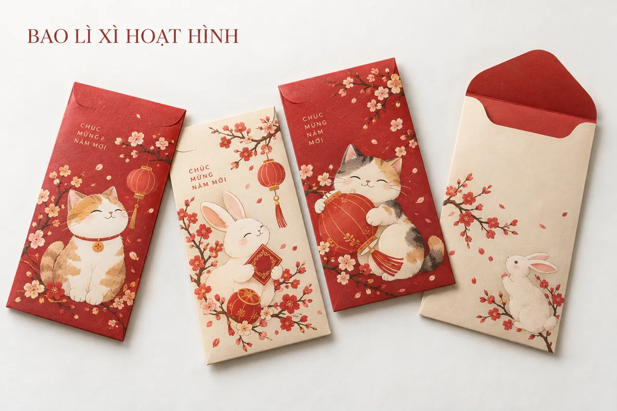 Mặt trước và nắp mở của bao lì xì hoạt hình mèo và thỏ