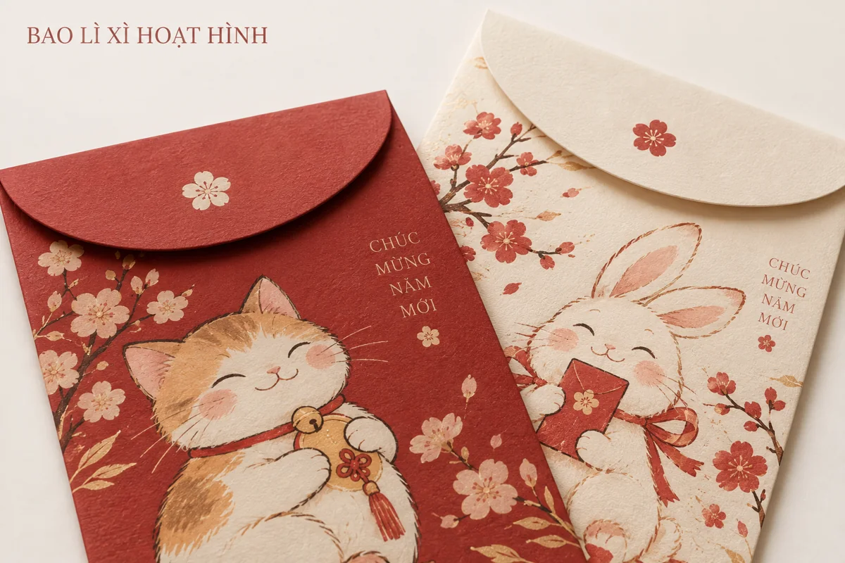 Chi tiết nắp gấp và bề mặt giấy của bao lì xì hoạt hình mèo và thỏ