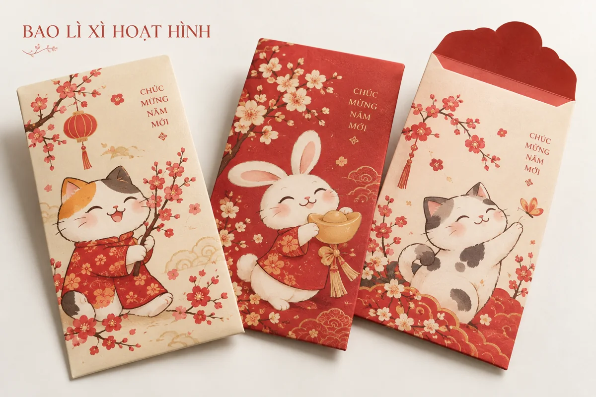 Bố cục minh họa bao lì xì hoạt hình mèo và thỏ trên nền trắng