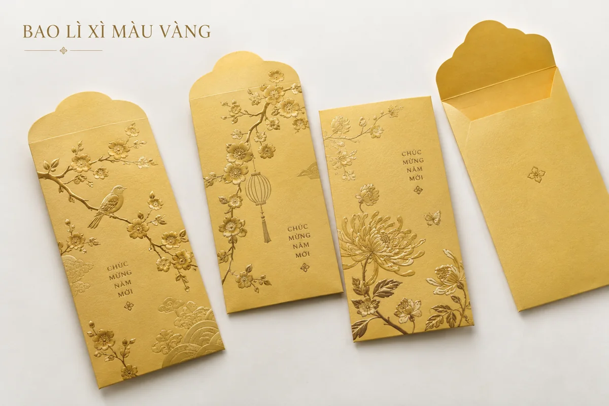 Mặt trước và nắp mở của bao lì xì giấy màu vàng