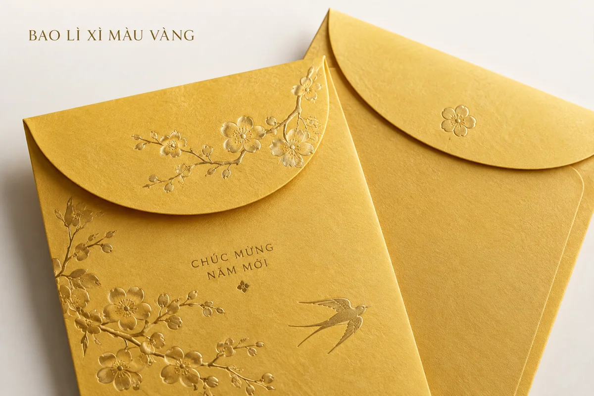 Chi tiết nắp gấp và bề mặt giấy của bao lì xì giấy màu vàng