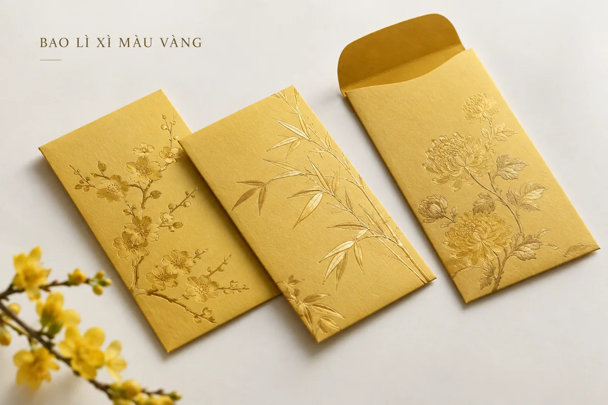 Bố cục minh họa bao lì xì giấy màu vàng trên nền trắng