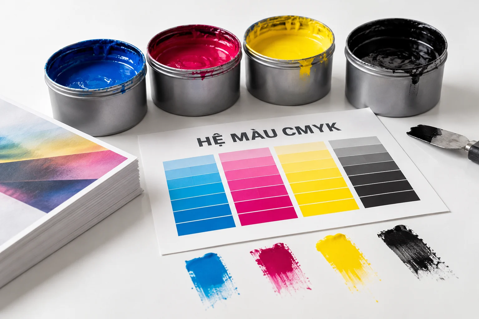 Hệ màu CMYK với bốn iàu cyan magenta yellow và black trong studio