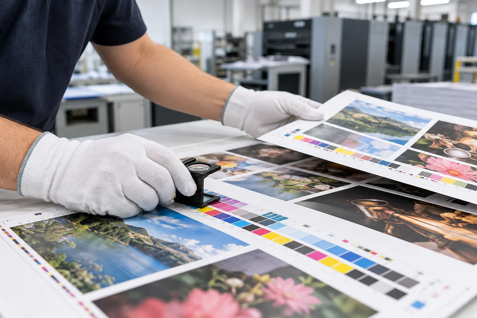 Hệ màu CMYK và ứng dụng trong in ấn 2 Kỹ thuật viên kiểm tra bản in CMYK bằng kính soi màu tại xưởng in