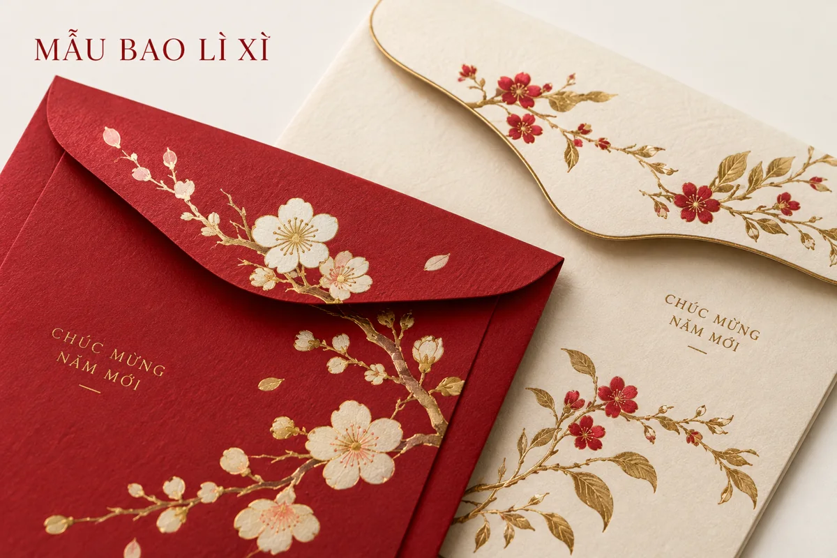 Chi tiết nắp gấp và bề mặt giấy của bao lì xì Tết đỏ và kem