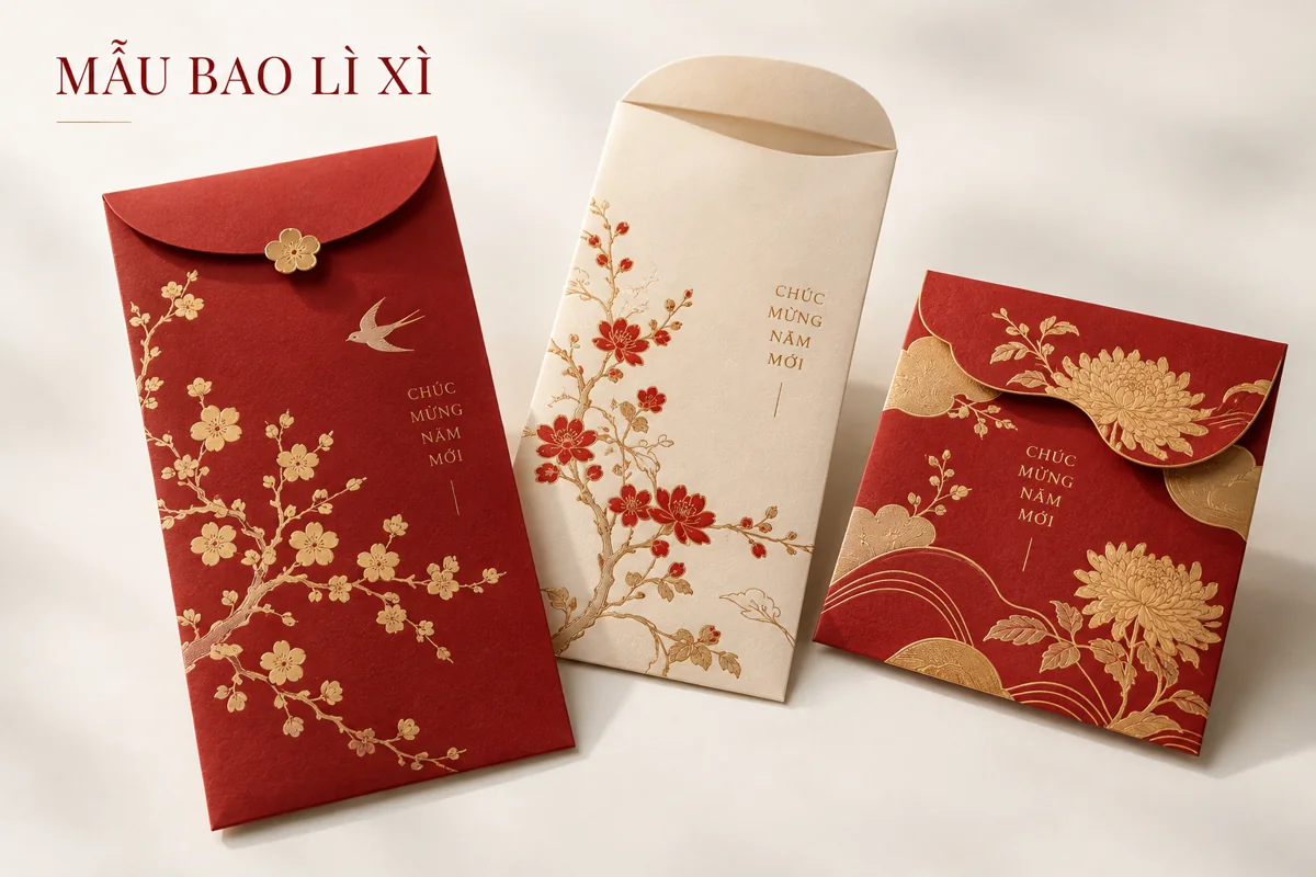 Bố cục minh họa bao lì xì Tết đỏ và kem trên nền trắng