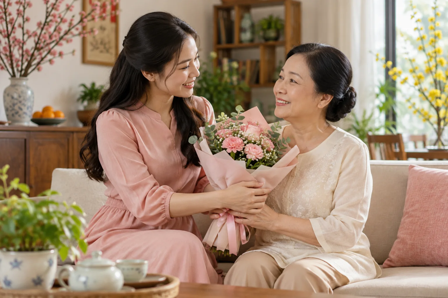 Con gái tặng hoa cho mẹ nhân ngày Quốc tế Phụ nữ
