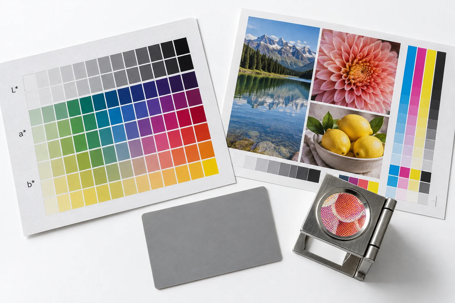 Bảng màu Lab và bản in CMYK được kiểm tra bằng kính soi màu